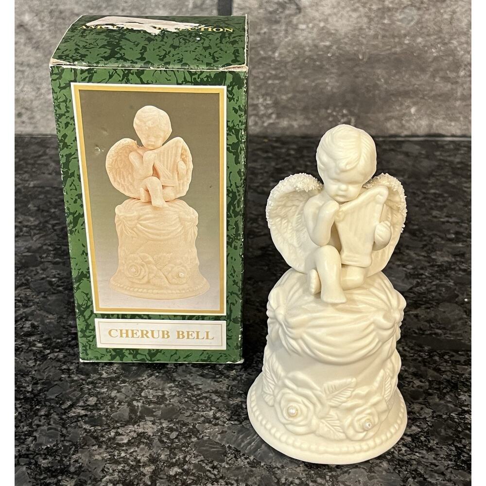 Vintage Porcelain Bisque Cherub Bell with Harp & Roses 5 3/8” Tall